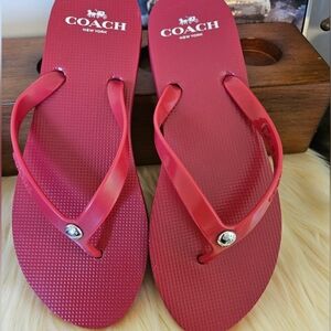COACH flip flops Red With HORSE AND CARRIAGE LOGO G3775 EUC